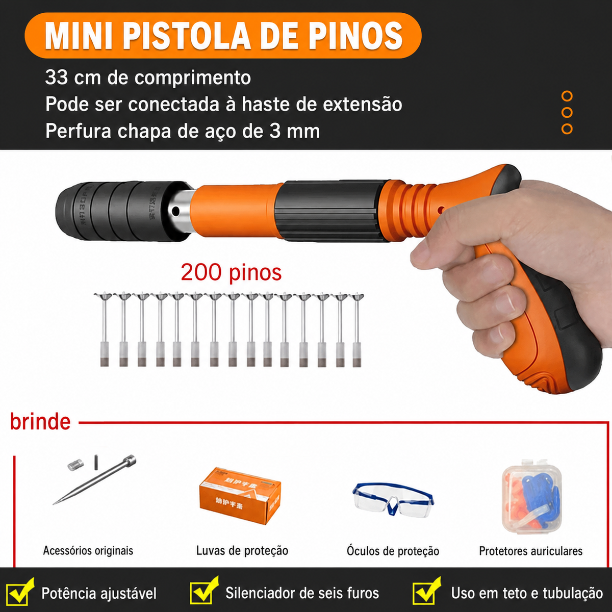 Kit Com Pistola De Fixação De Ação Direta Finca Pinos +200 Pinos