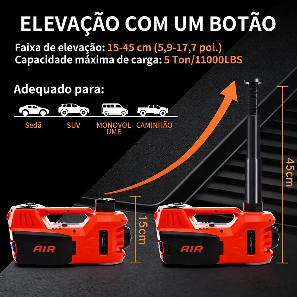 Kit Macaco Elétrico 4 em 1 — Compressor de Ar, Chave de Impacto 480 N.m, Lanterna LED e Macaco Hidráulico 5 Toneladas + Par de Luvas + Martelo de Segurança